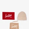 Exklusives Mütze-Täschchen-Set aus Lammfell mit Stickerei-Logo