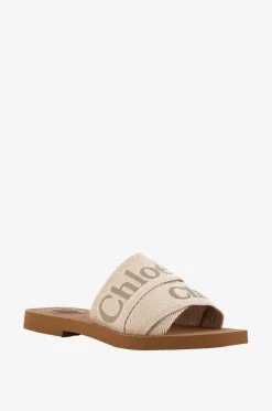 Flache Pantoletten aus besticktem Leinen Woody
