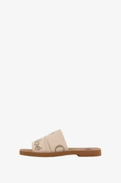 Flache Pantoletten aus besticktem Leinen Woody