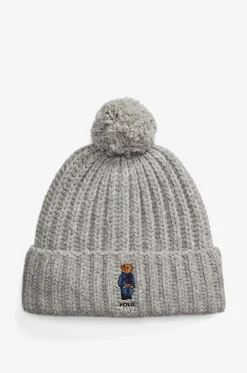 Gerippte Woll-Bommemmütze mit Stickerei Polo Bear