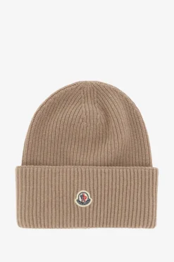 Rippstrickmütze aus Schurwolle mit Umschlag und Logopatch