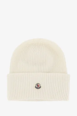Rippstrickmütze aus Schurwolle mit Umschlag und Logopatch