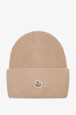 Rippstrickmütze aus Schurwolle mit Umschlag und Logo