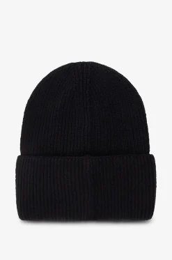 Rippstrickmütze aus Schurwolle mit Umschlag und Logo