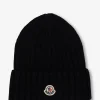 Rippstrick-Mütze aus Schurwolle mit Umschlag und Logo-Patch