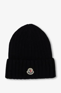 Rippstrick-Mütze aus Schurwolle mit Umschlag und Logo-Patch